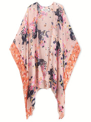 Floral Print Batwing Sleeve Plus Size Beach Kimono Cover Up