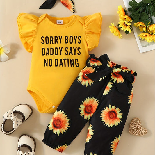 3pcs Baby Girls Daddy Says No Dating Outfit Set with Sunflower Pants