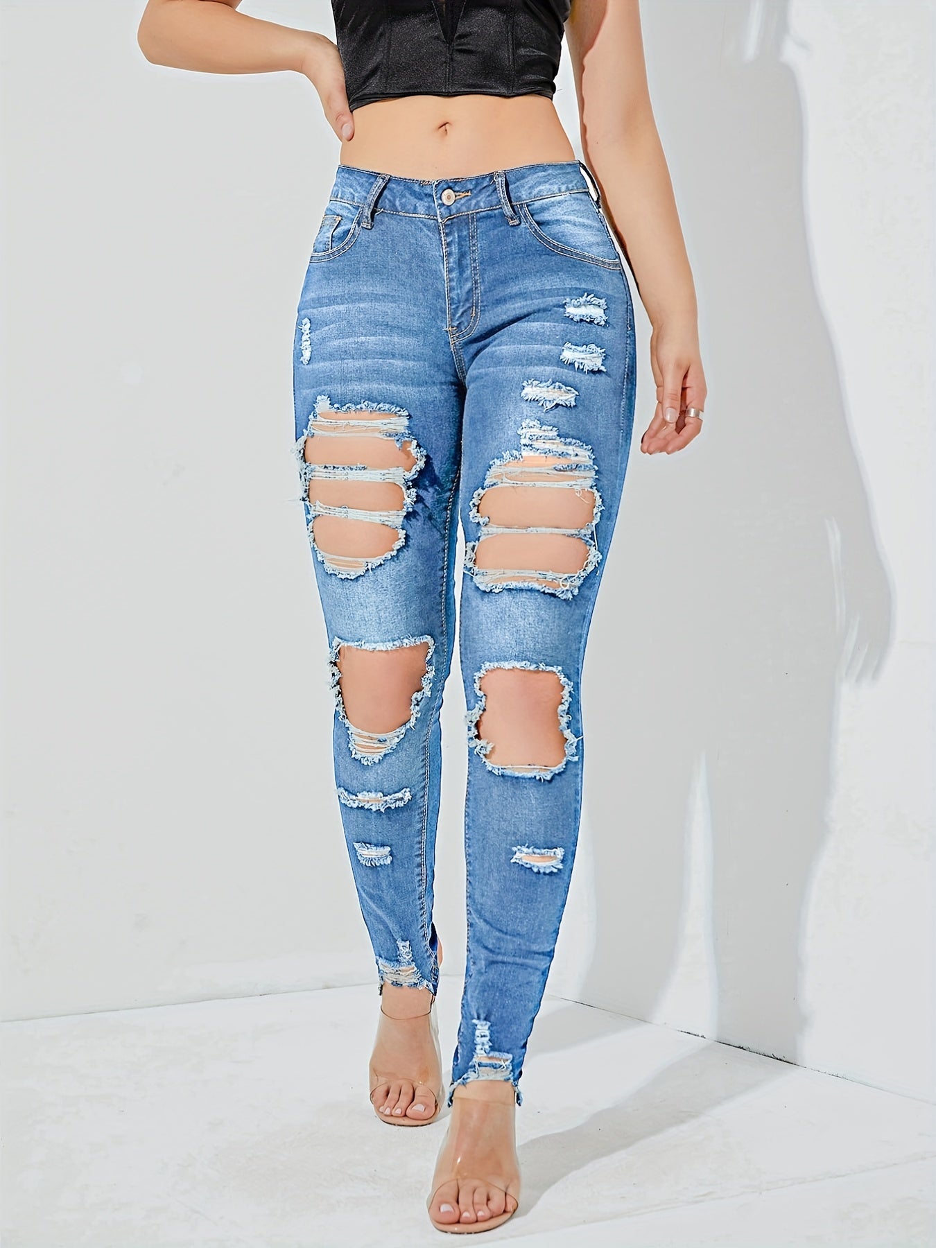 High Waist Distressed Skinny Jeans Slash Pockets Tight Fit