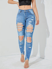 High Waist Distressed Skinny Jeans Slash Pockets Tight Fit