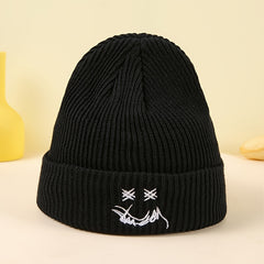 Winter Happy Face Embroidered Beanie Hat Ear Protection Warm Hat