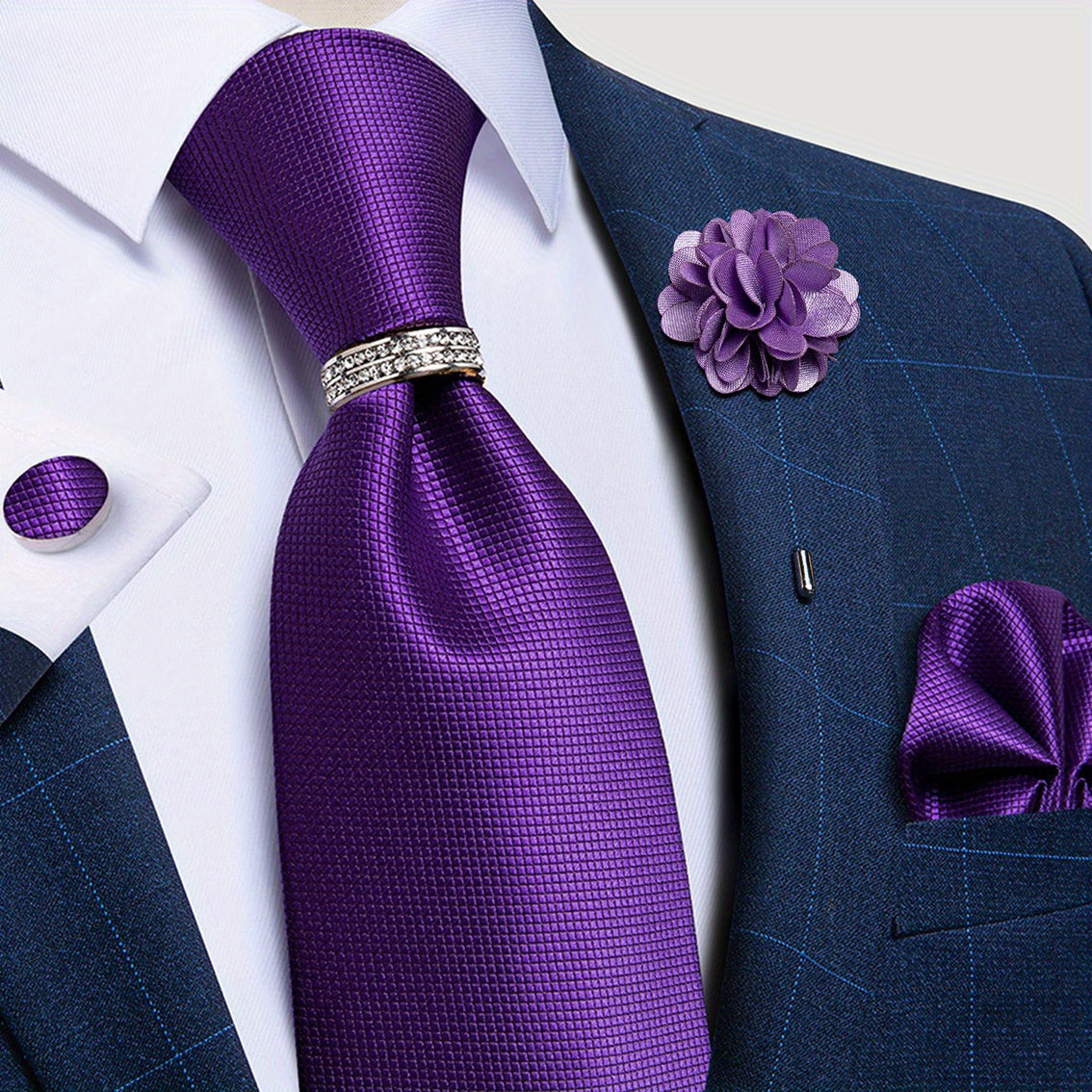 DiBanGu Formal Mens Necktie Set Silver Ring Purple Paisley Ties