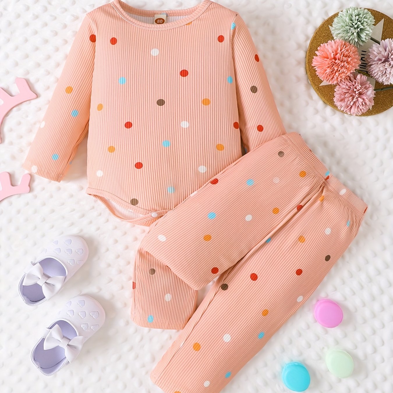 2pcs Baby Girls Polka Dot Onesie & Pants Set