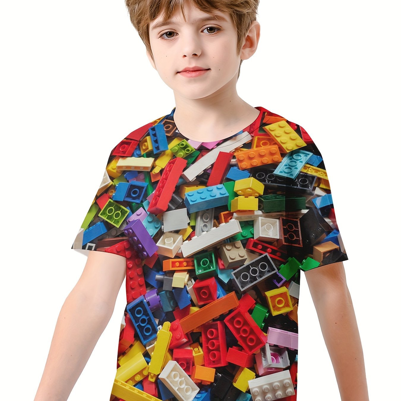 Boys' 3D Building Blocks Graphic T Shirt Active Stretchy Tee