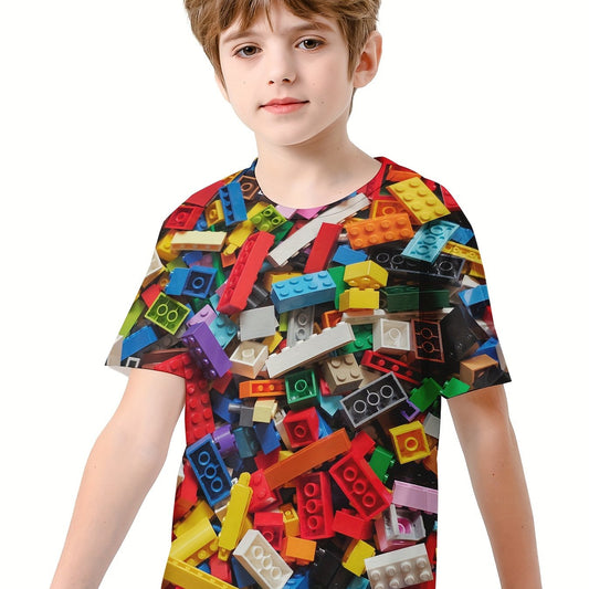 Boys' 3D Building Blocks Graphic T Shirt Active Stretchy Tee
