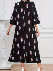Feather Print Lace Sleeve Maxi Dress