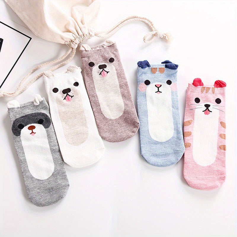 5 Pairs Girls Teen Cotton Blend Cat Ankle Socks, Spring Summer