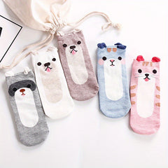 5 Pairs Girls Teen Cotton Blend Cat Ankle Socks, Spring Summer