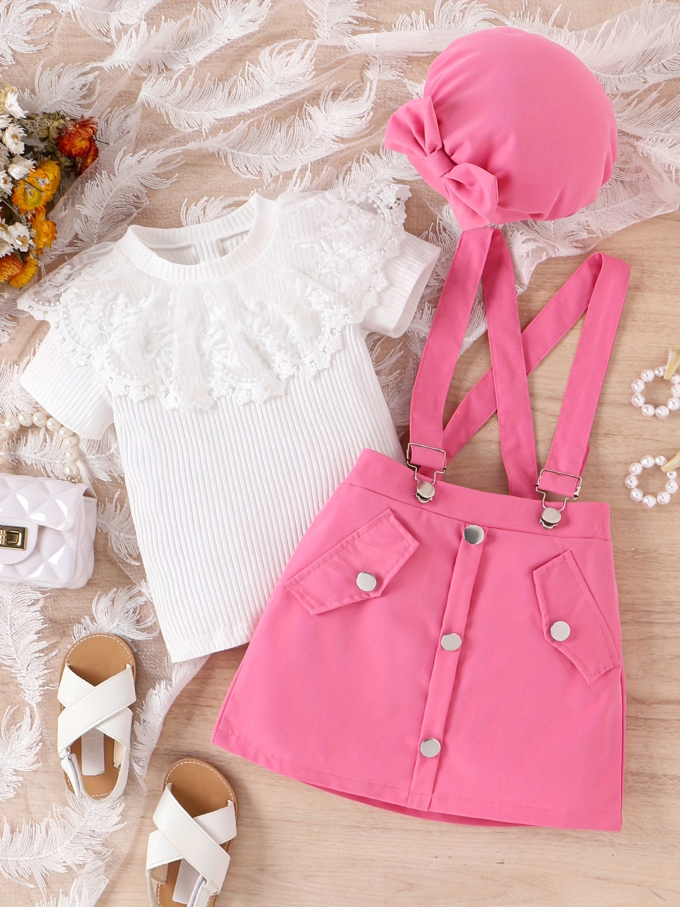 Girls Ribbed T shirt & Short Skirt Jumpsuit Set Lace Decor Tee Top Romper