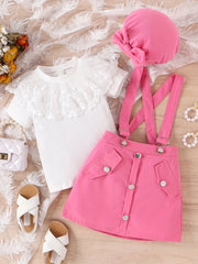 Girls Ribbed T shirt & Short Skirt Jumpsuit Set Lace Decor Tee Top Romper