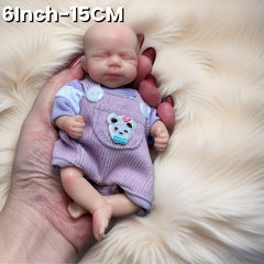 6 Inch Silicone Girl Doll in Purple Overalls with Unicorn Patch