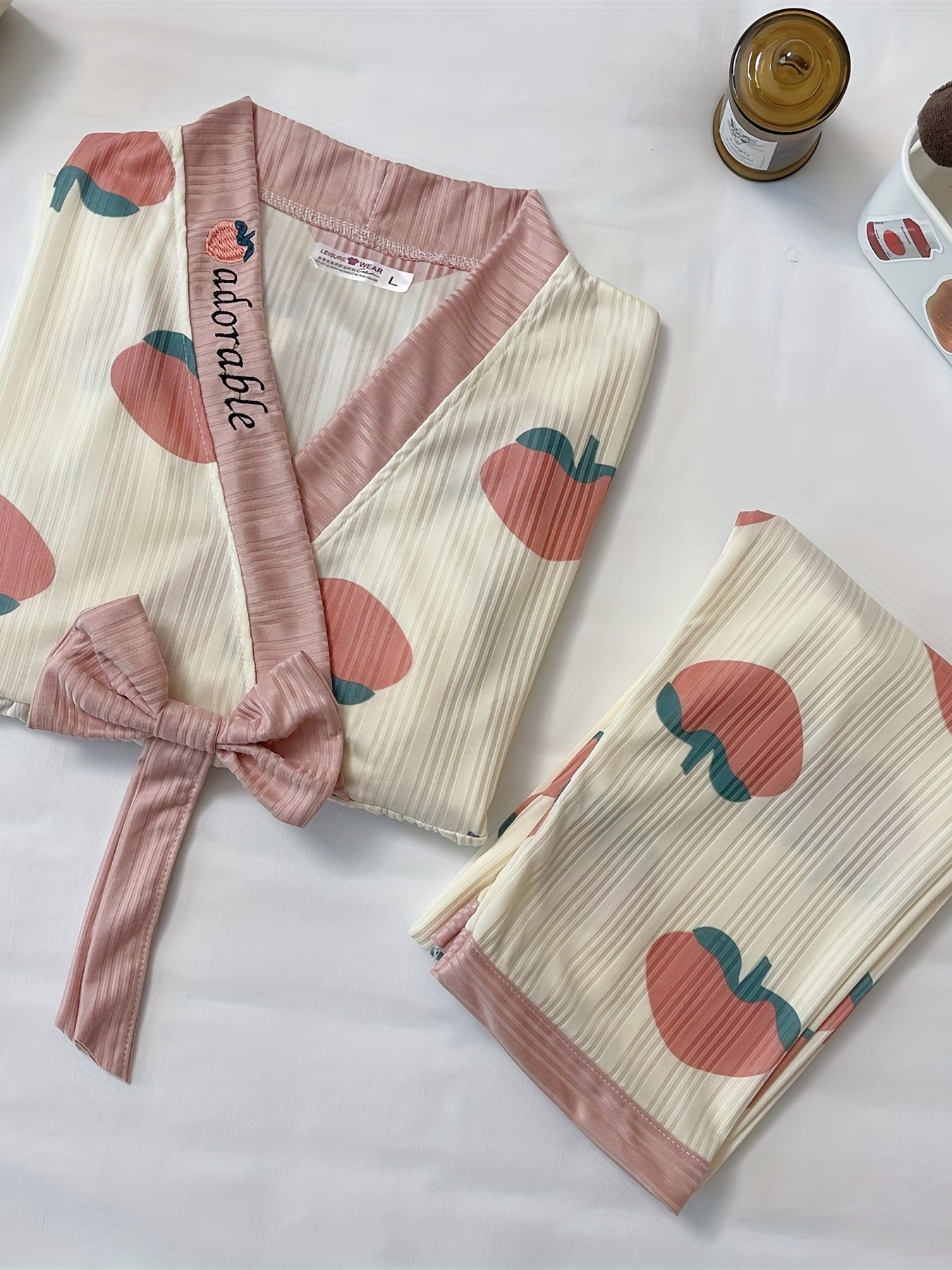 Peach Pattern Pajama Set Long Sleeve Top & Pants Women's Sleepwear