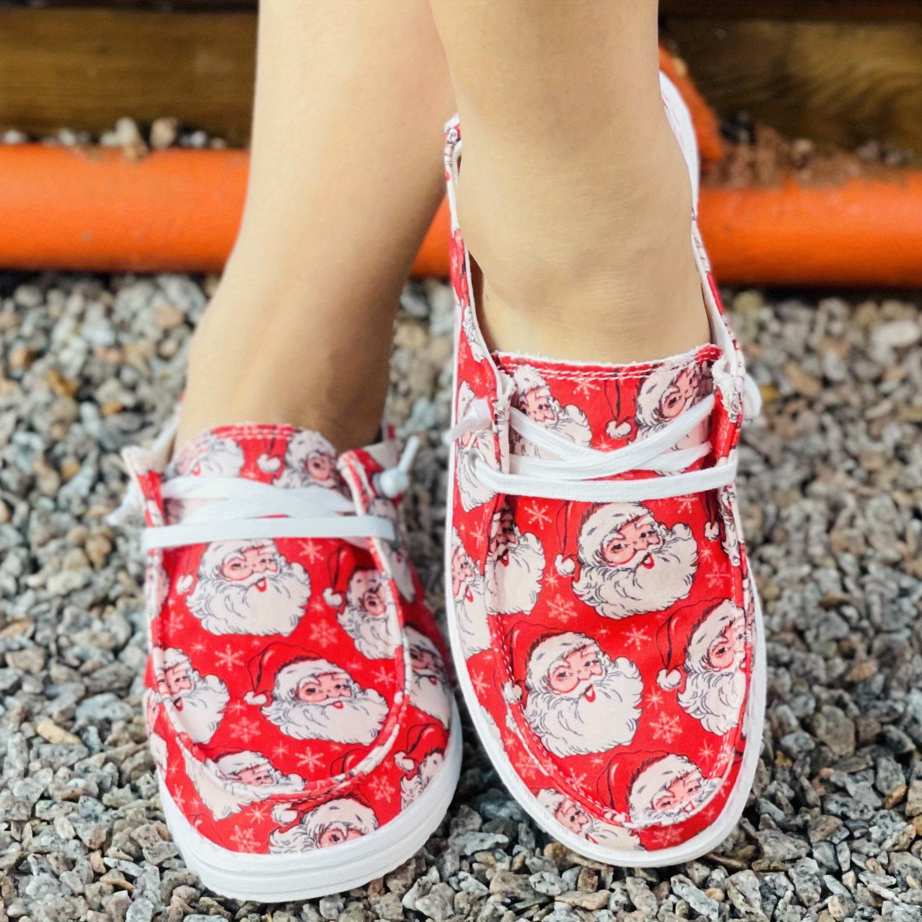 Women's Santa Claus Print Canvas Shoes Christmas Lace Up Outdoor