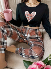 Heart Print Pajama Set Long Sleeve Crew Neck Top & Plaid Pants