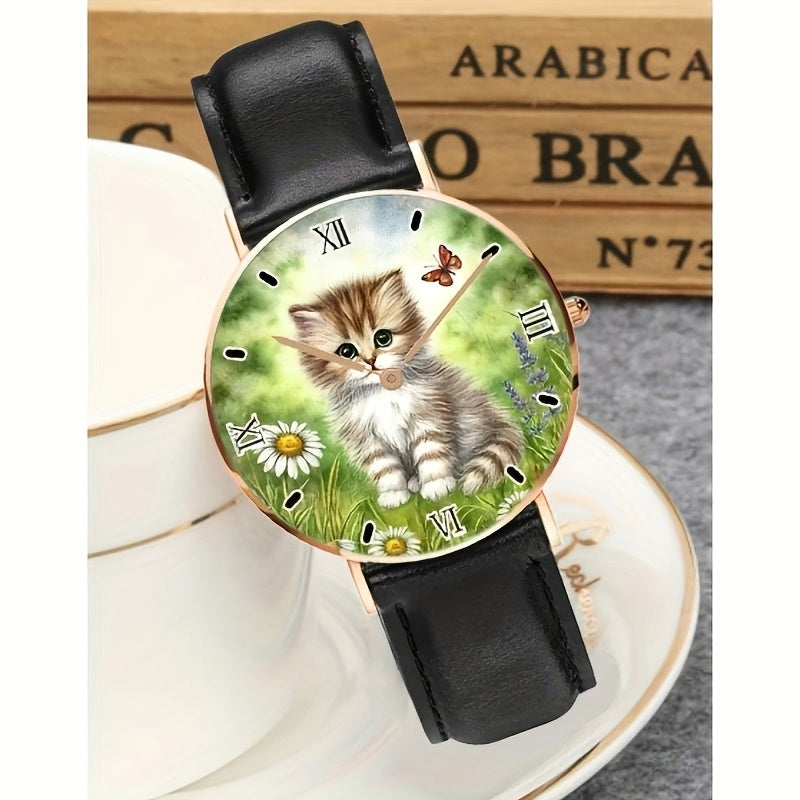 Unisex Kitten on Grass Analog Watch Minimalist Rose Golden Stainless Steel Band