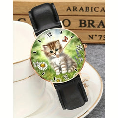 Unisex Kitten on Grass Analog Watch Minimalist Rose Golden Stainless Steel Band