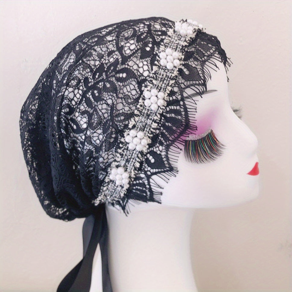 Women's Faux Pearl Lace Turban Cap Beanie