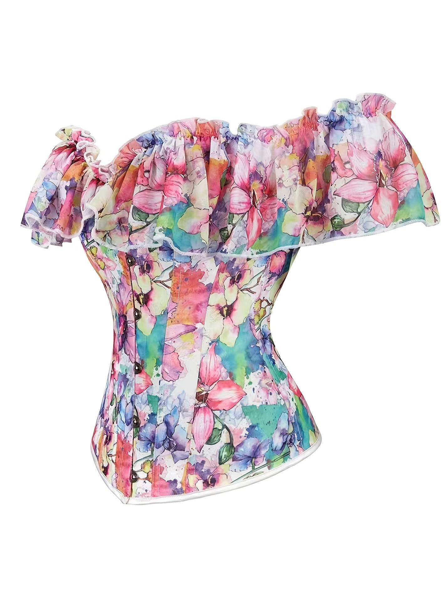 Pastel Floral Corset Top Off Shoulder All Over Print Adjustable Waist Cincher