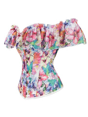 Pastel Floral Corset Top Off Shoulder All Over Print Adjustable Waist Cincher
