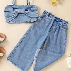 2pcs Baby Girls Bowknot Denim Camisole Top & Pants Set