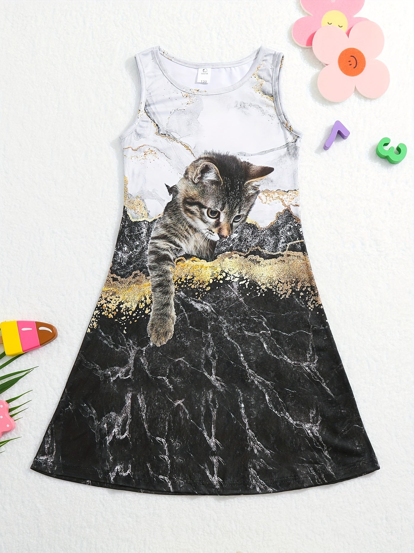 Girl's 3D Cat Print Dress - Summer Outfit