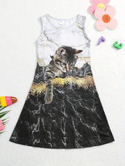 Girl's 3D Cat Print Dress - Summer Outfit