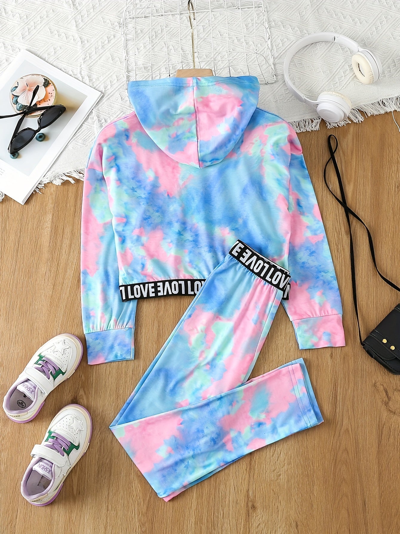 Girl's Tie Dye 2pcs Hoodie & Sweatpants Set LOVE Print Long Sleeve Top