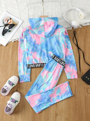 Girl's Tie Dye 2pcs Hoodie & Sweatpants Set LOVE Print Long Sleeve Top