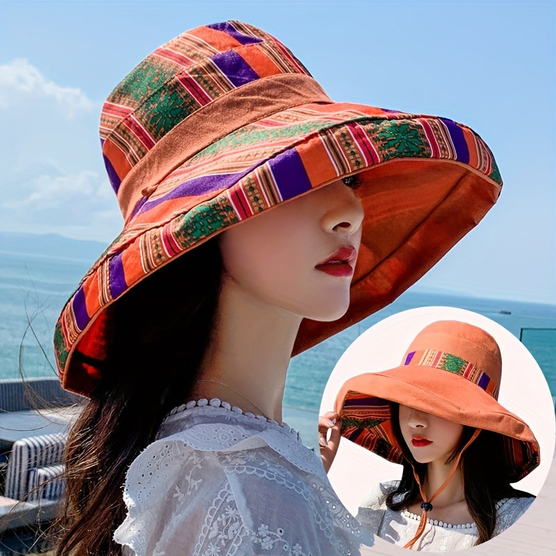 Vintage Boho Reversible Sun Hat Wide Brim UV Protection Summer Bucket Hat