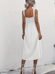 Women Solid Midi Long Dress Backless Slip Square Collar Ruched Party