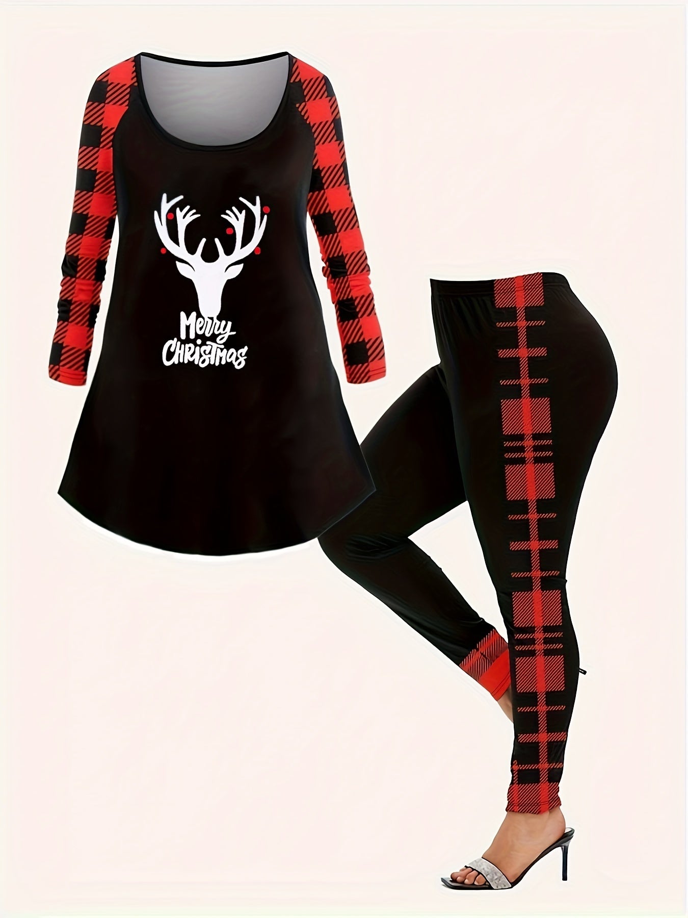 Elk & Plaid Print Top & Leggings Outfits Set