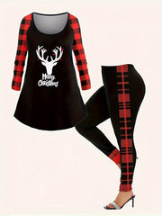 Elk & Plaid Print Top & Leggings Outfits Set