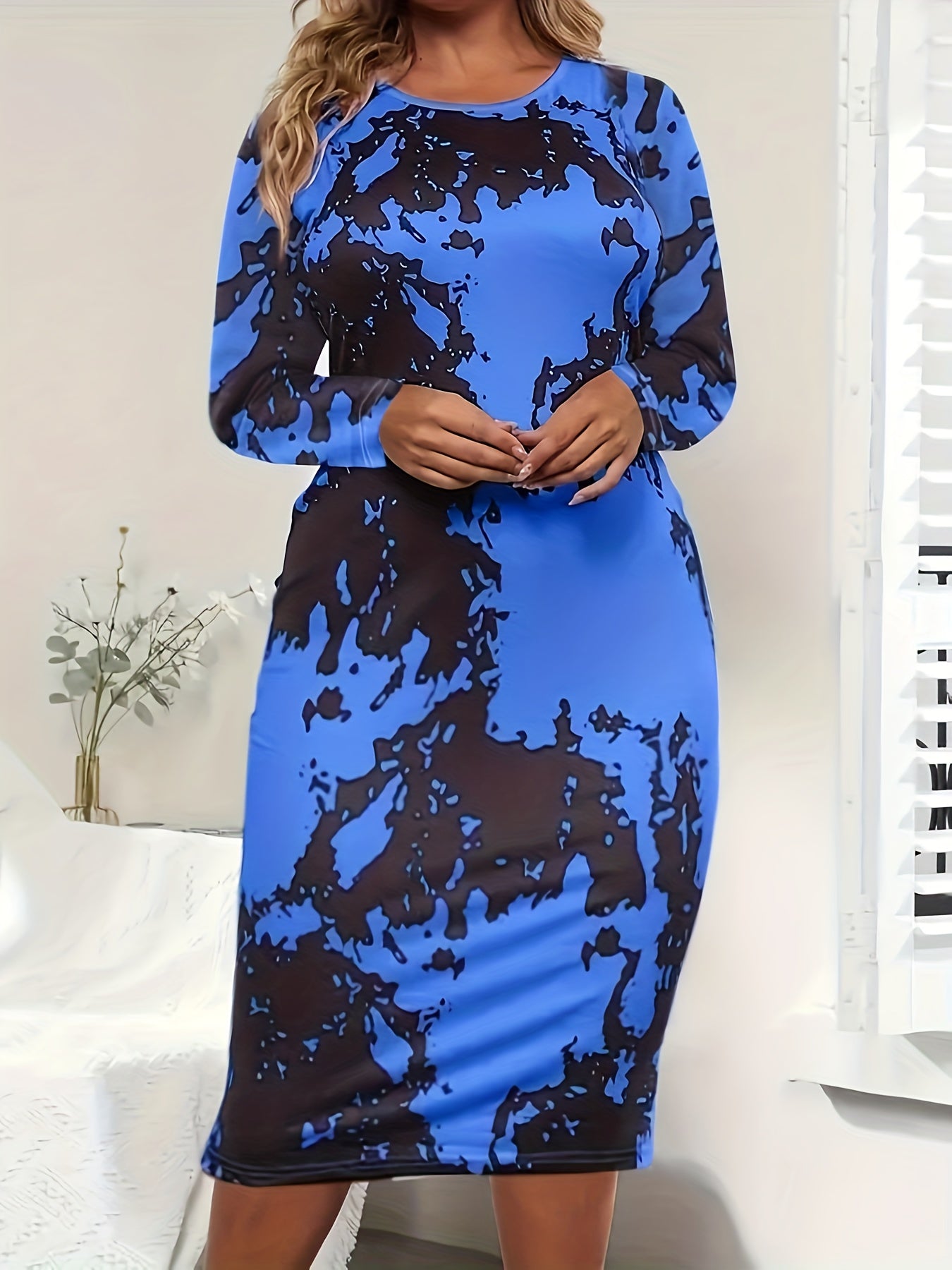 Colorblock Print Long Sleeve Casual Dress