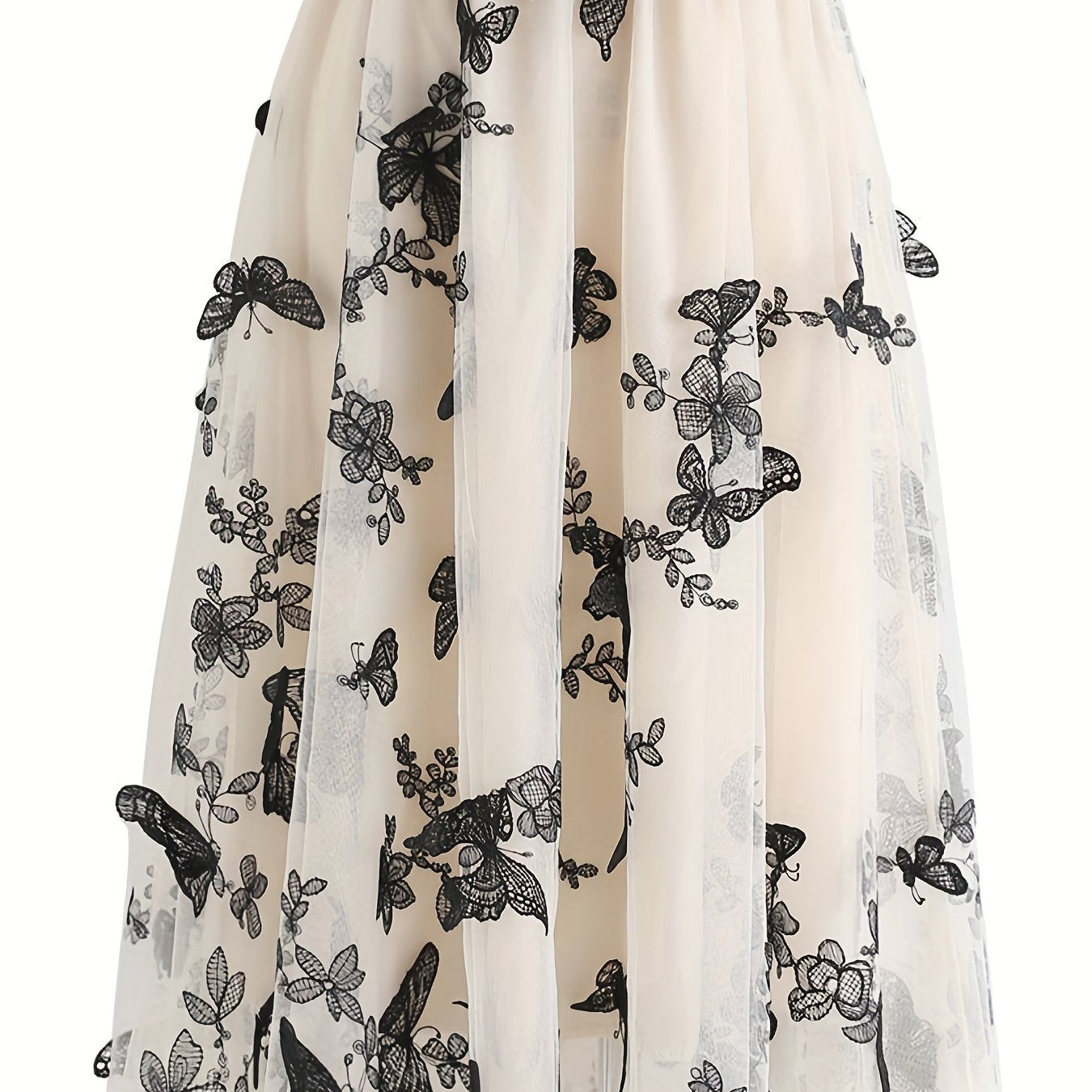 Butterfly Embroidered Midi Dress Elastic Waist Vacation Casual Dress