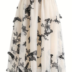 Butterfly Embroidered Midi Dress Elastic Waist Vacation Casual Dress