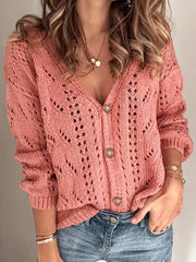 Hollow Solid Knit Cardigan Button Front Sweater