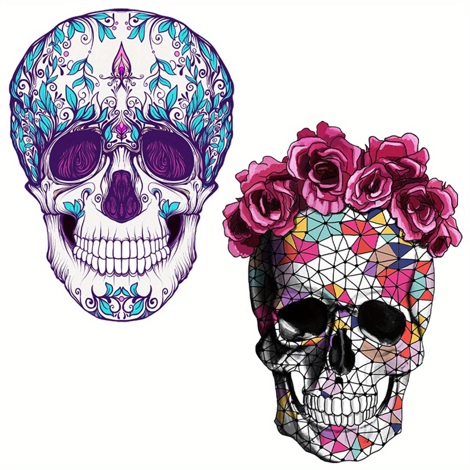 2pcs Halloween Iron On Transfers Skull Pattern DIY Decals Heat Transfer Stickers