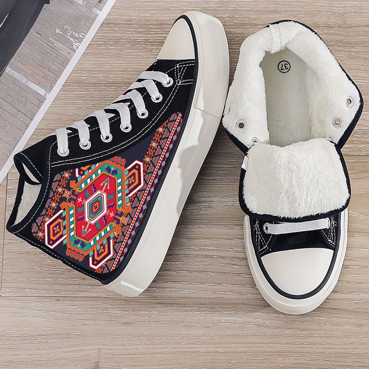 Ethnic Print Plush Lined Thermal Chunky Canvas Sneakers Flat