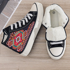 Ethnic Print Plush Lined Thermal Chunky Canvas Sneakers Flat