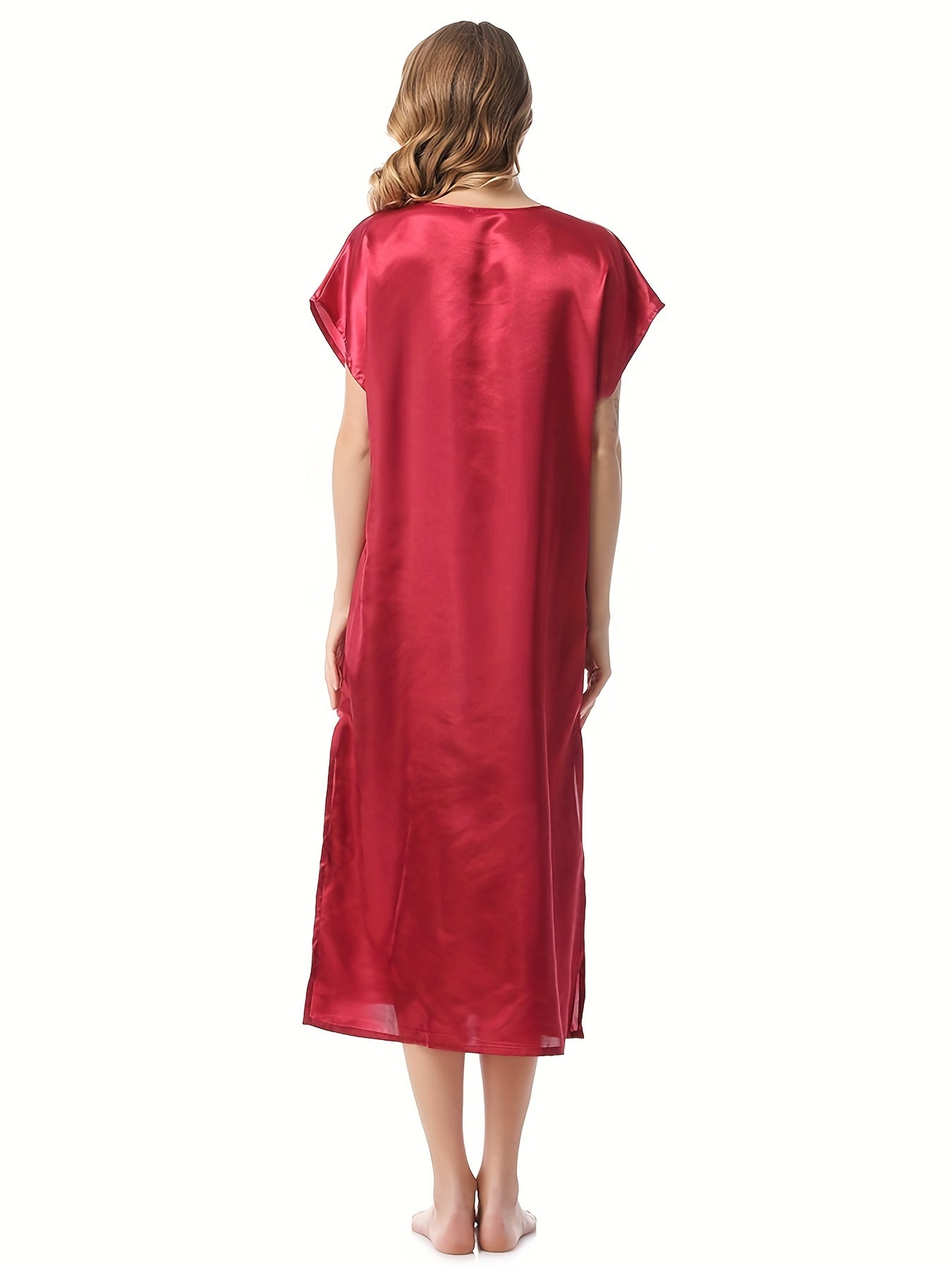 Red Satin Short Sleeve NightDress Crew Neck Pajama Dress Women's Sleepwear