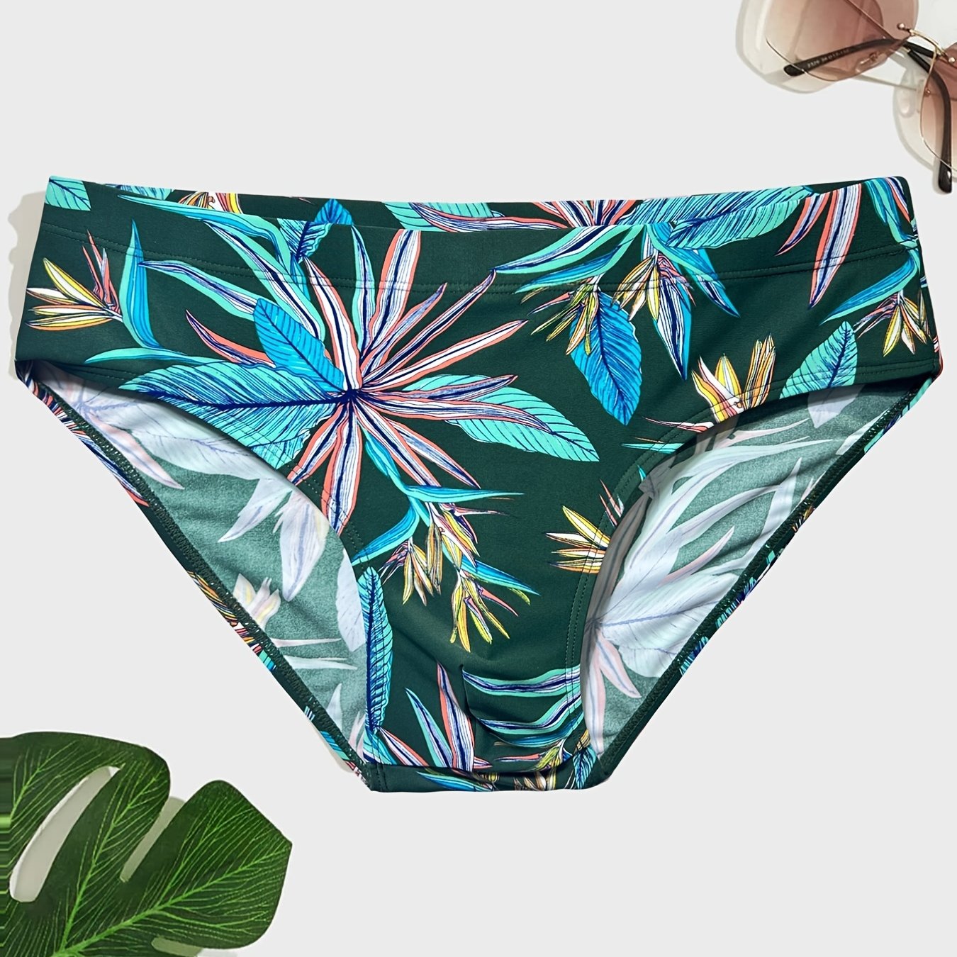 Men's Leaves Print Racing Swim Trunks Quick Drying Swimwear
