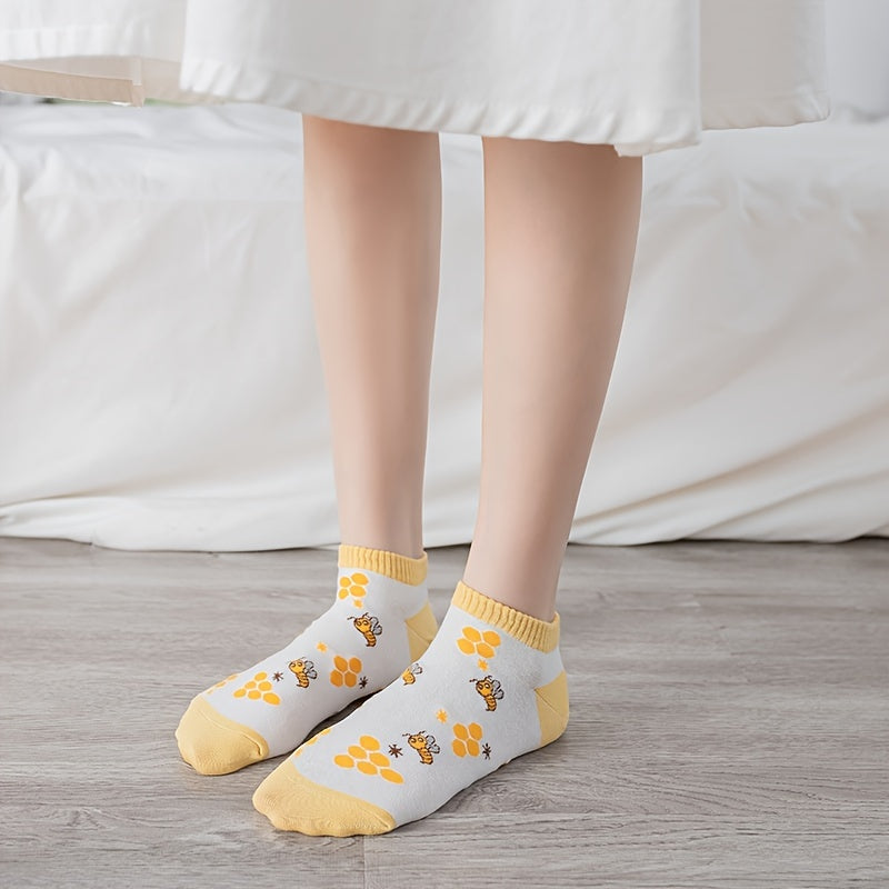 5 Pairs Bee Print Ankle Socks Breathable & Comfy Women's Stockings