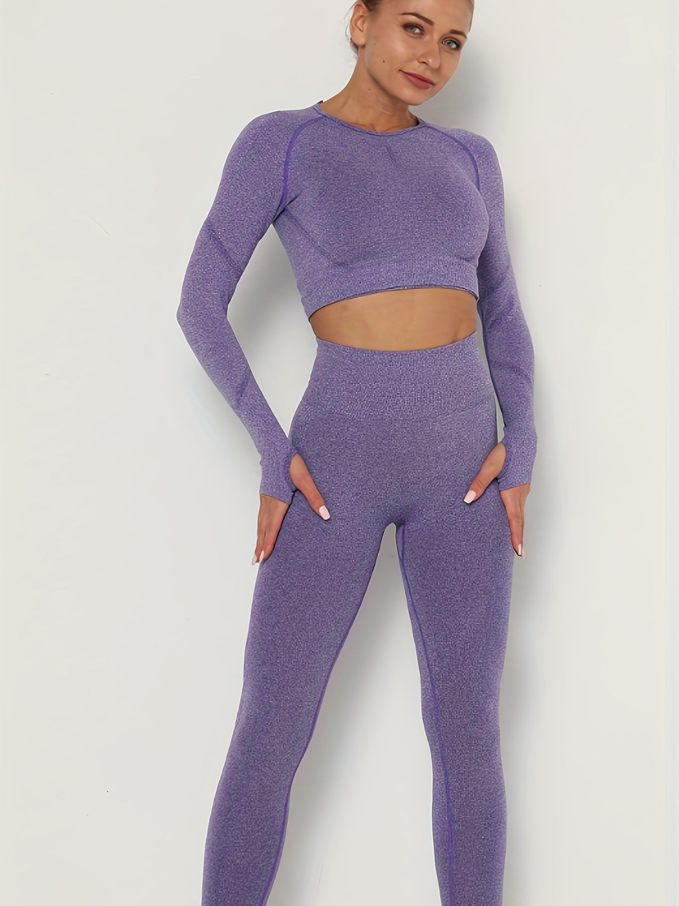 2pcs Seamless Yoga Sets Long Sleeve Top & Leggings Women's Activewear