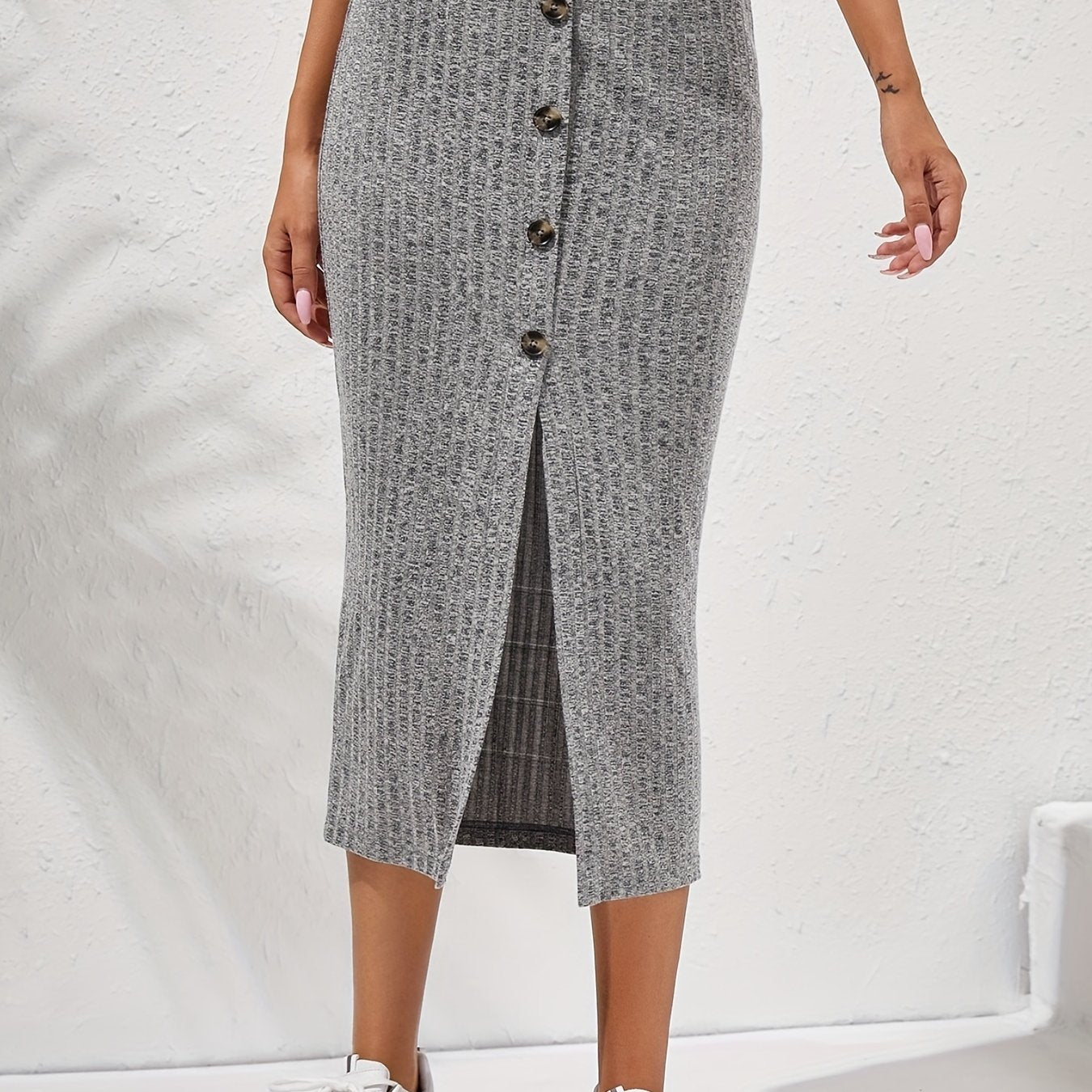 Ribbed Button Front High Waist Midi Skirt