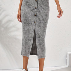 Ribbed Button Front High Waist Midi Skirt