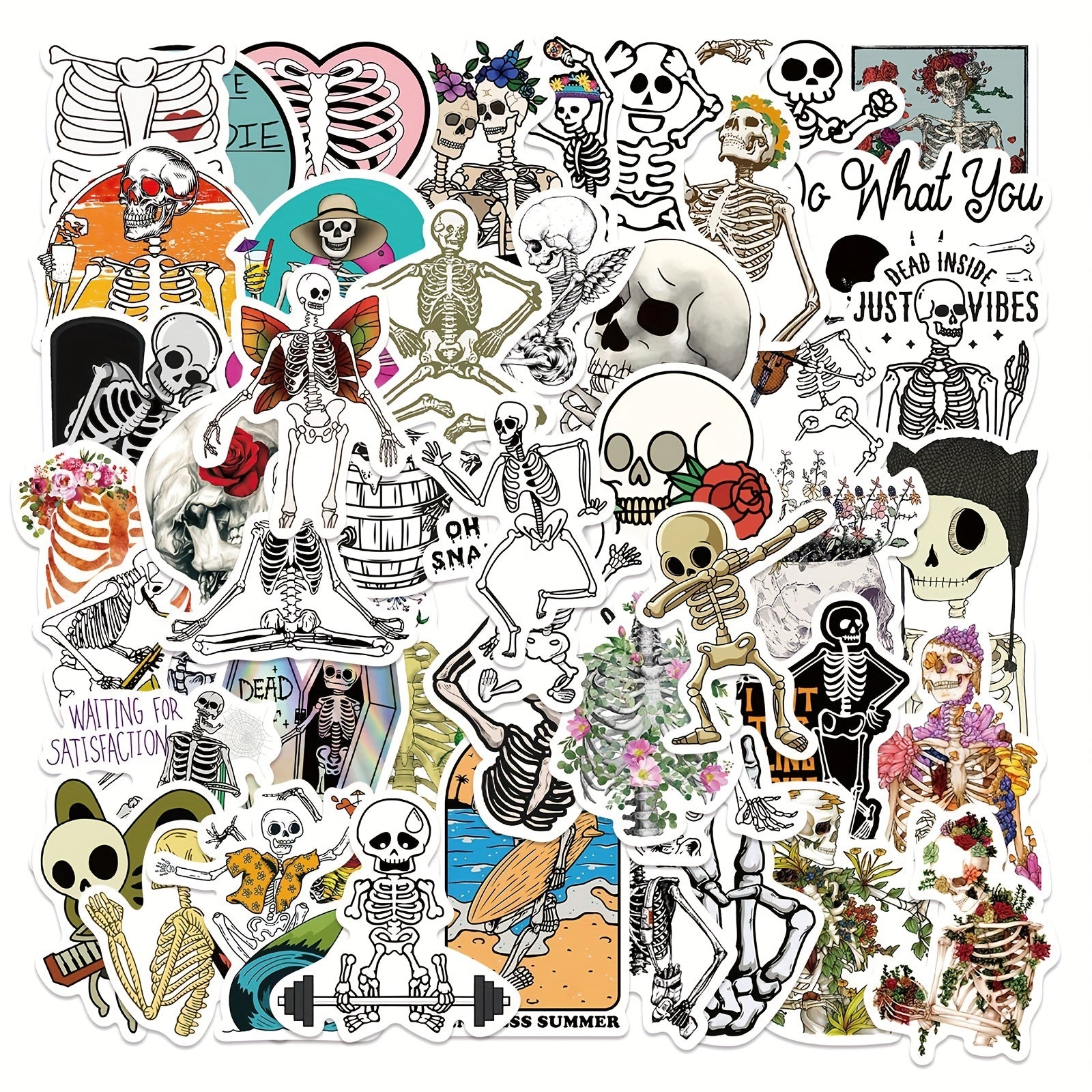 50pcs Funny Skeleton Stickers Pack Waterproof Vinyl Skull Stickers