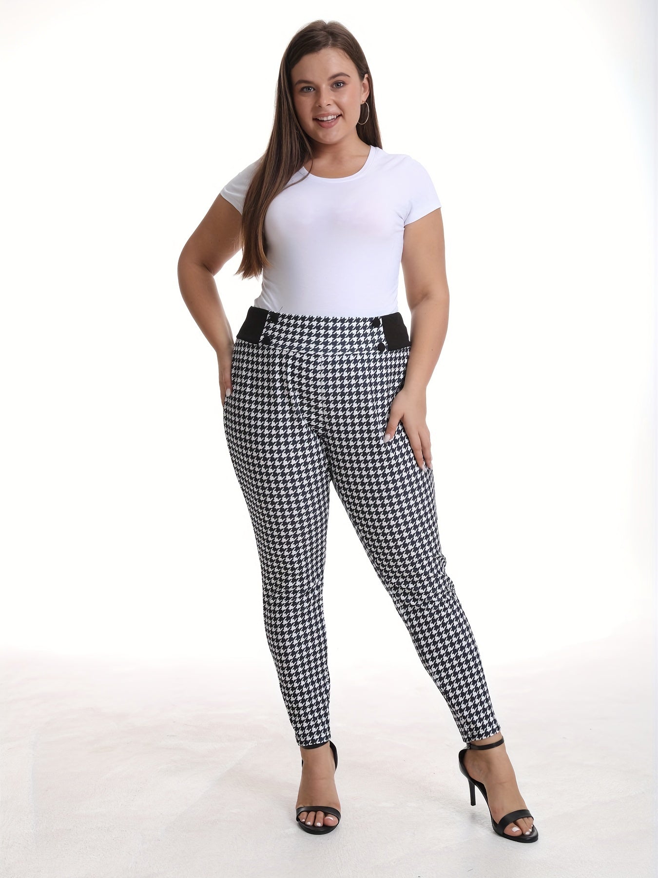 Houndstooth Pattern Double Breasted Skinny Pants - Plus Size
