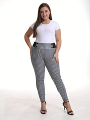 Houndstooth Pattern Double Breasted Skinny Pants - Plus Size