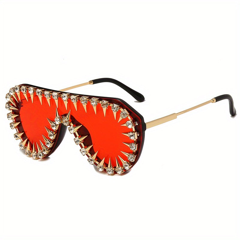 Flat Top Shield Sunglasses Tinted Lens Rivet & Rhinestone Decor UV400