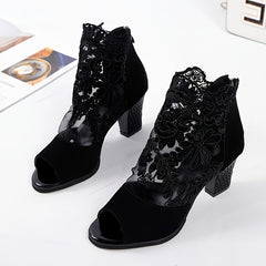 Women's Applique Peep Toe Pumps Chunky Heel Sandals